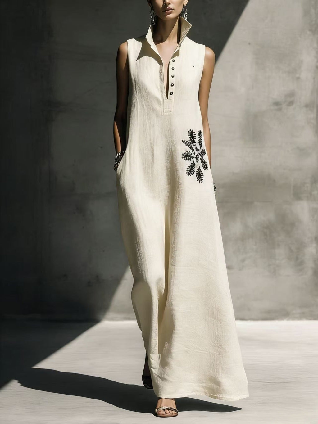 Women's cotton linen maxi dress by Plush Fashion Hub with Mandarin collar, graphic print, pockets, perfect for casualwear.