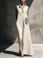Women's cotton linen maxi dress by Plush Fashion Hub with Mandarin collar, graphic print, pockets, perfect for casualwear.