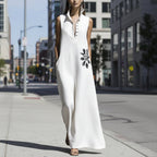 Women's cotton linen maxi dress with mandarin collar, graphic print, and pockets; casualwear from Plush Fashion Hub.