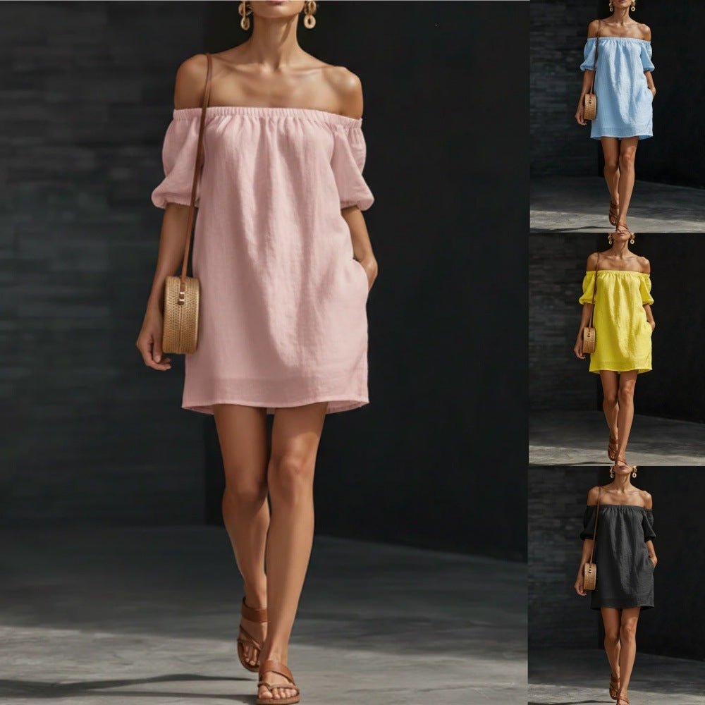 Women’s cotton-linen off-shoulder puff-sleeve loose mini dress from Plush Fashion Hub, featuring a casual, relaxed fit.