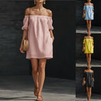 Women’s cotton-linen off-shoulder puff-sleeve loose mini dress from Plush Fashion Hub, featuring a casual, relaxed fit.