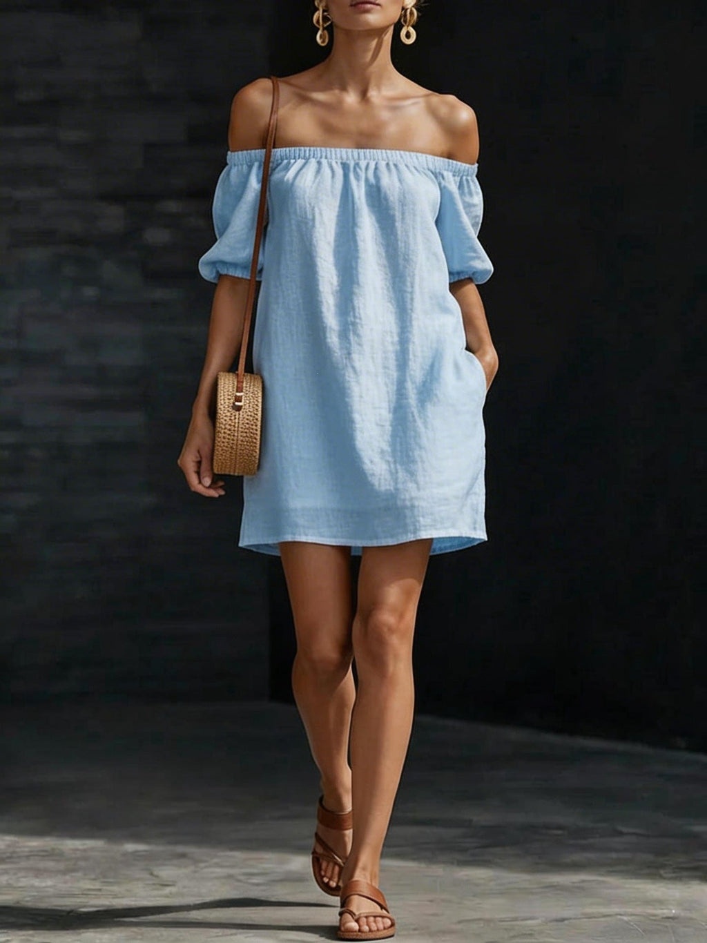 Women's cotton-linen off-shoulder puff-sleeve loose mini dress, casualwear by Plush Fashion Hub, shown on a model.