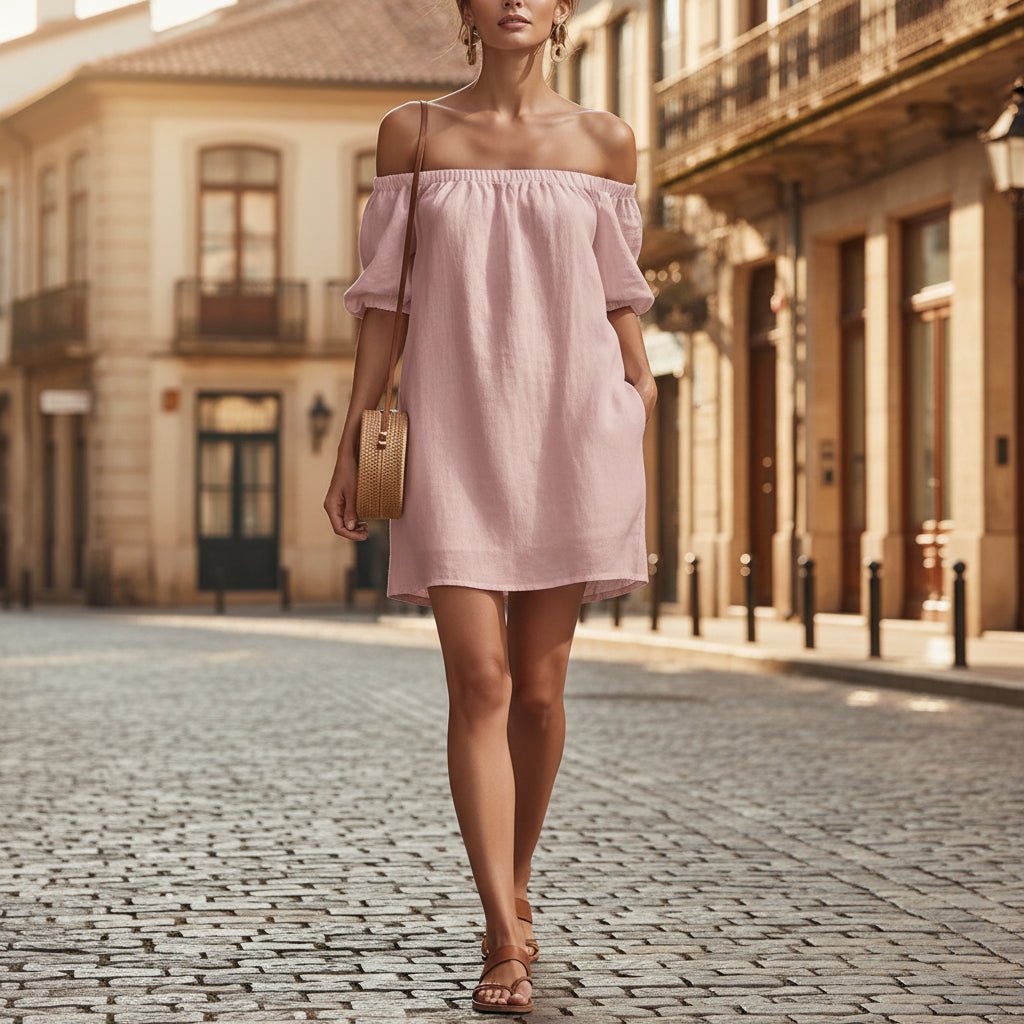 Women's cotton-linen off-shoulder puff-sleeve loose mini dress from Plush Fashion Hub, shown hanging with a relaxed fit and casual style.