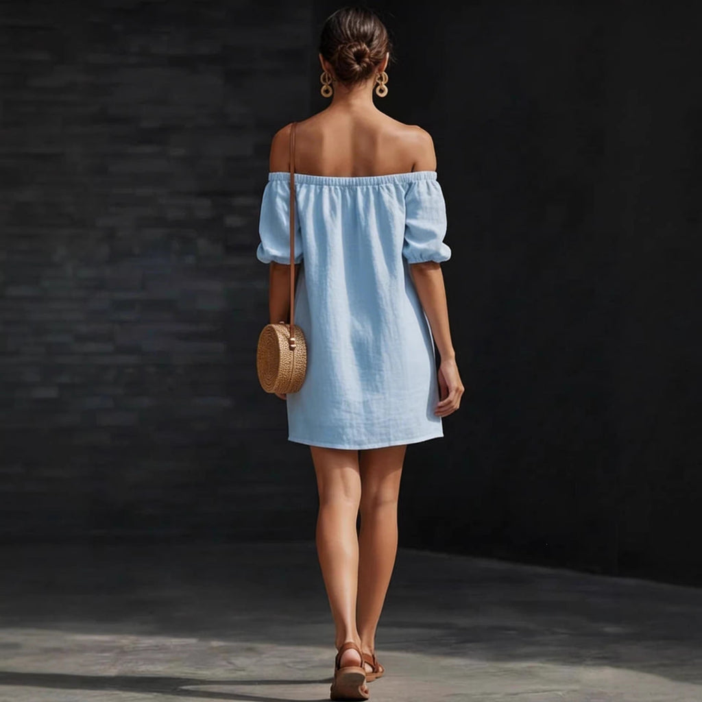Women's cotton-linen off-shoulder puff-sleeve loose mini dress by Plush Fashion Hub, shown in a casualwear style.