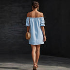 Women's cotton-linen off-shoulder puff-sleeve loose mini dress by Plush Fashion Hub, shown in a casualwear style.