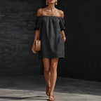 Women's cotton-linen off-shoulder puff-sleeve loose mini dress, casualwear by Plush Fashion Hub, shown on a model.