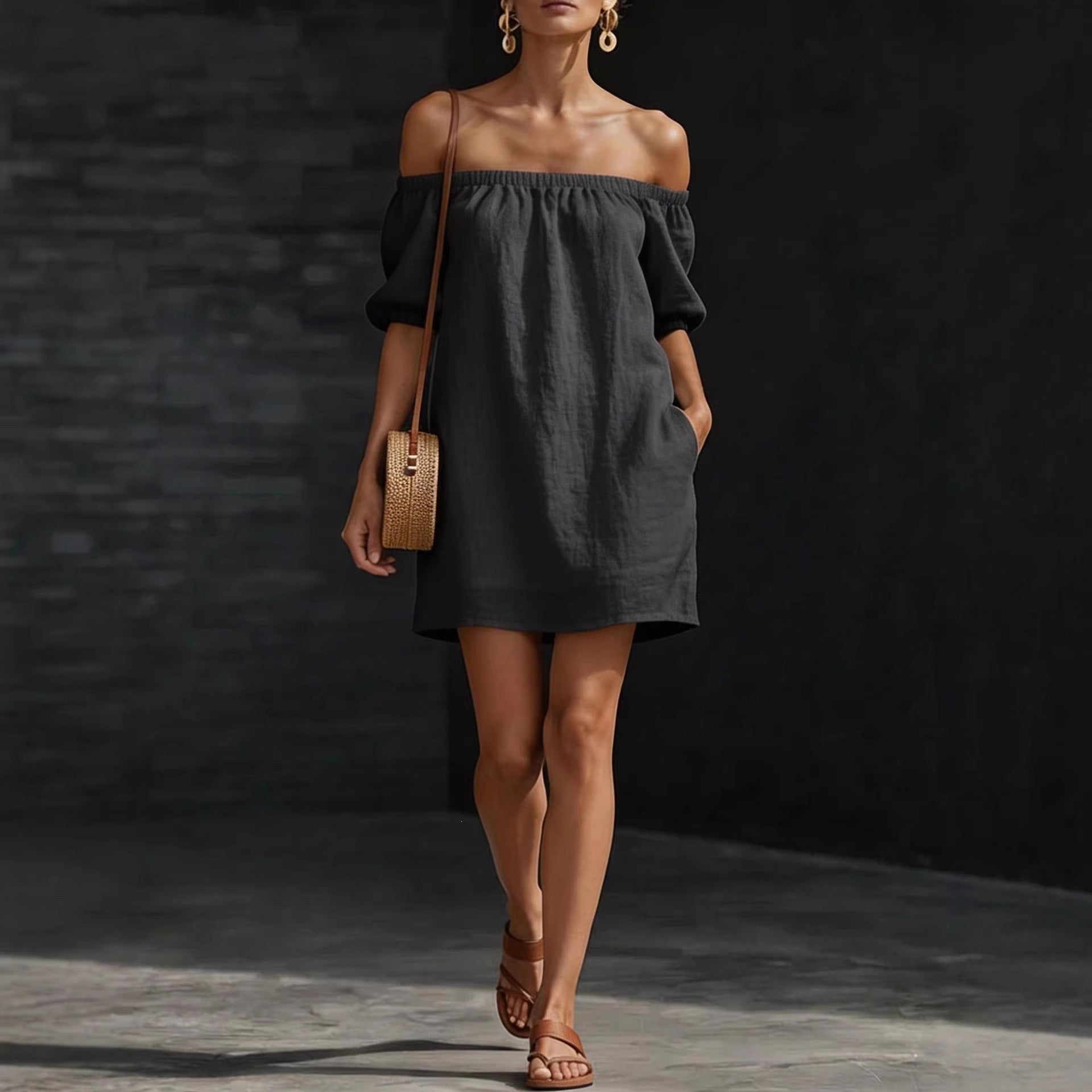 Women's cotton-linen off-shoulder puff-sleeve loose mini dress, casualwear by Plush Fashion Hub, shown on a model.