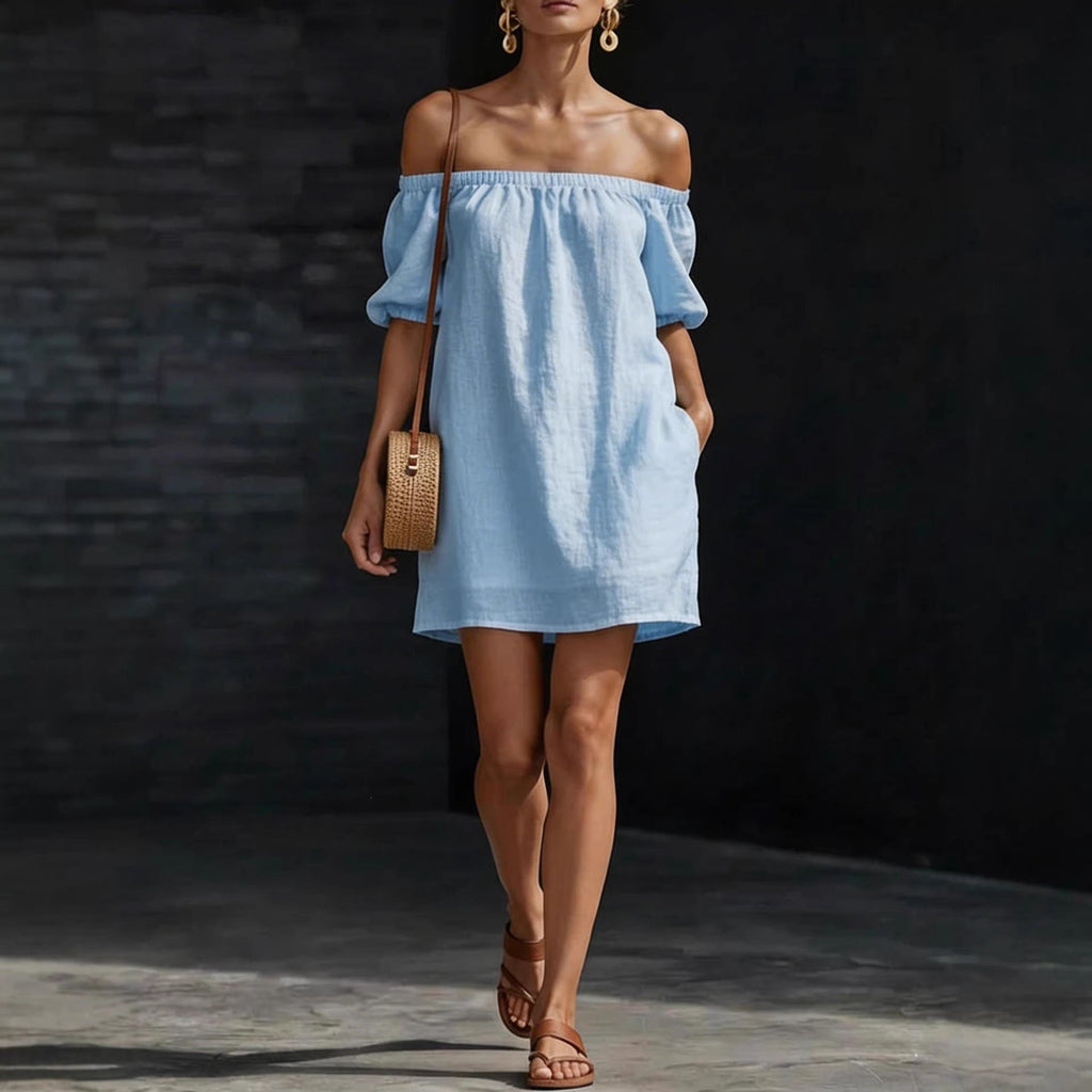 Women's cotton-linen off-shoulder puff-sleeve mini dress by Plush Fashion Hub, casualwear with a loose fit and stylish design.