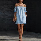 Women's cotton-linen off-shoulder puff-sleeve mini dress by Plush Fashion Hub, casualwear with a loose fit and stylish design.