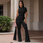 Women's casual crew-neck pleated ribbon flare jumpsuit by Plush Fashion Hub, featuring a stylish design and comfortable fit.