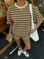 Women's crew-neck spliced short-sleeve T-shirt and shorts set by Plush Fashion Hub, casualwear with stylish color blocking.