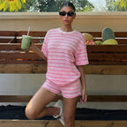 Women's casual crew-neck spliced short-sleeve T-shirt and shorts set by Plush Fashion Hub, displayed on a model.