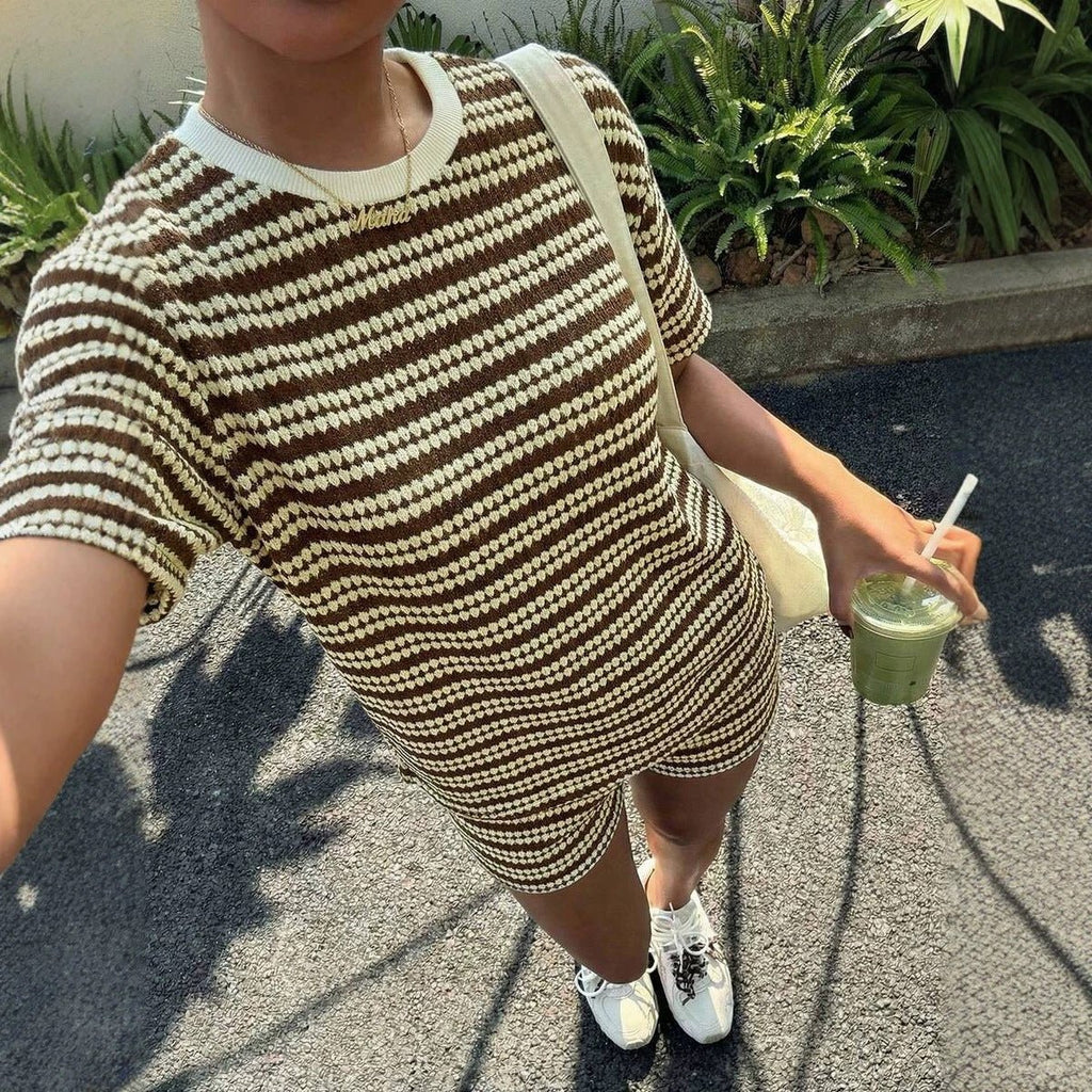 Women's casual wear set featuring a spliced crew-neck short-sleeve T-shirt and matching shorts by Plush Fashion Hub.