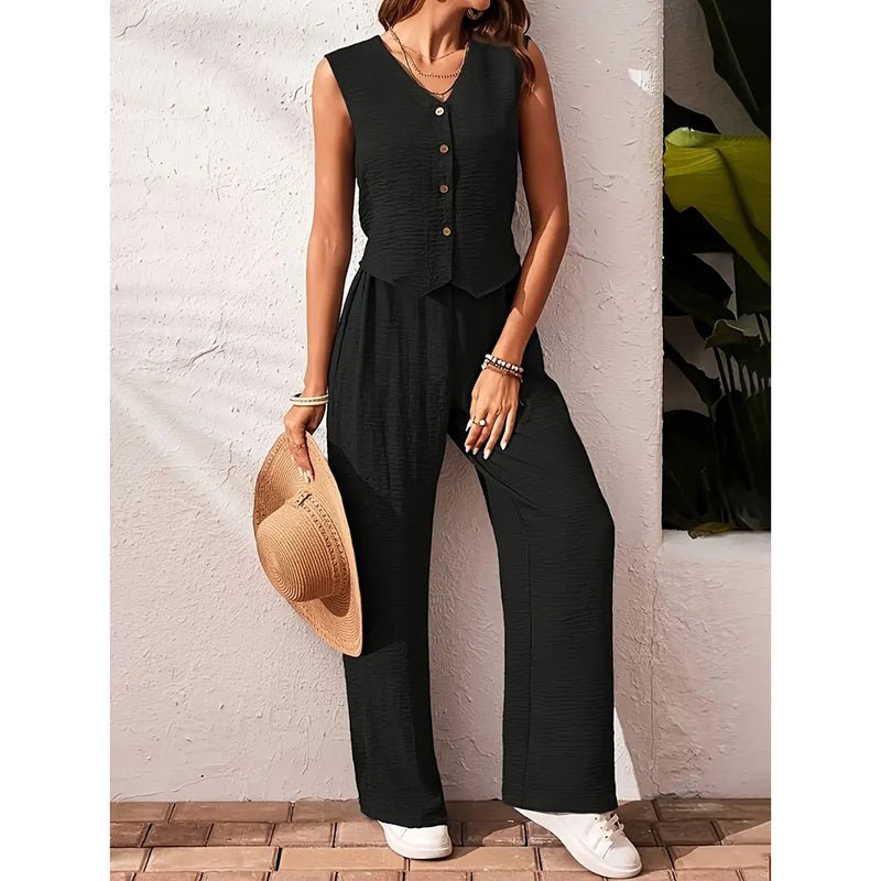 Women's crop vest blazer and wide-leg pants set by Plush Fashion Hub, casualwear outfit with stylish, comfortable design.