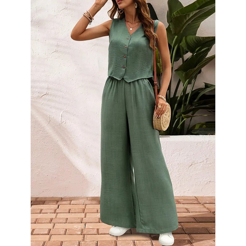 Women's casualwear set with crop vest blazer and wide-leg pants from Plush Fashion Hub, shown on a model.