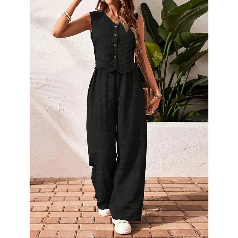 Woman wearing a casual crop vest blazer and wide-leg pants set by Plush Fashion Hub, showcasing stylish, comfortable casualwear.