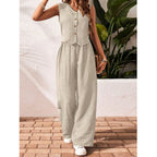 Casual women's crop vest blazer with wide-leg pants set by Plush Fashion Hub, featuring stylish tailored design and relaxed fit.