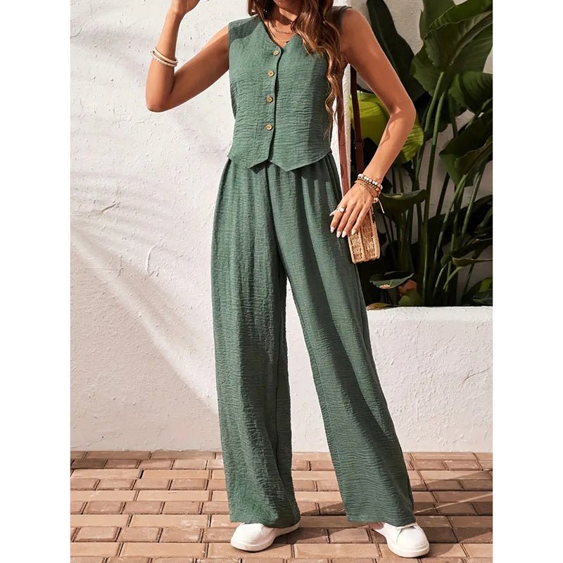 Women’s casualwear crop vest blazer with wide-leg pants set by Plush Fashion Hub, featuring a stylish blazer top and matching wide-leg pants.