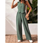 Women’s casualwear crop vest blazer with wide-leg pants set by Plush Fashion Hub, featuring a stylish blazer top and matching wide-leg pants.