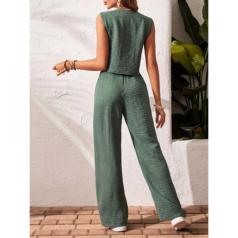 Casual women's crop vest blazer and wide-leg pants set by Plush Fashion Hub, featuring stylish, coordinated loungewear look.