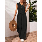 Women’s crop vest blazer and wide-leg pants set in casualwear style by Plush Fashion Hub, shown on a model.