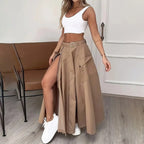 Women’s cropped vest and high-waisted slit skirt matching casualwear set from Plush Fashion Hub, shown on a model.