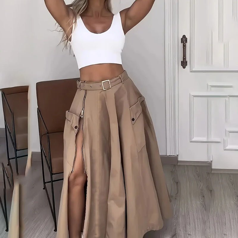 Women’s cropped vest and high-waisted slit skirt matching casualwear set by Plush Fashion Hub, featuring stylish, coordinated fabric and fit.