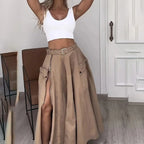 Women’s cropped vest and high-waisted slit skirt matching casualwear set by Plush Fashion Hub, featuring stylish, coordinated fabric and fit.