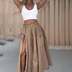 Women’s cropped vest and high-waisted slit skirt matching casualwear set by Plush Fashion Hub, styled for a trendy, relaxed look.