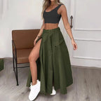 Women’s cropped vest and high-waisted slit skirt matching set in casualwear style by Plush Fashion Hub, shown on a model.