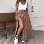 Women’s cropped vest and high-waisted slit skirt matching set by Plush Fashion Hub, casualwear outfit with stylish, coordinating pieces.