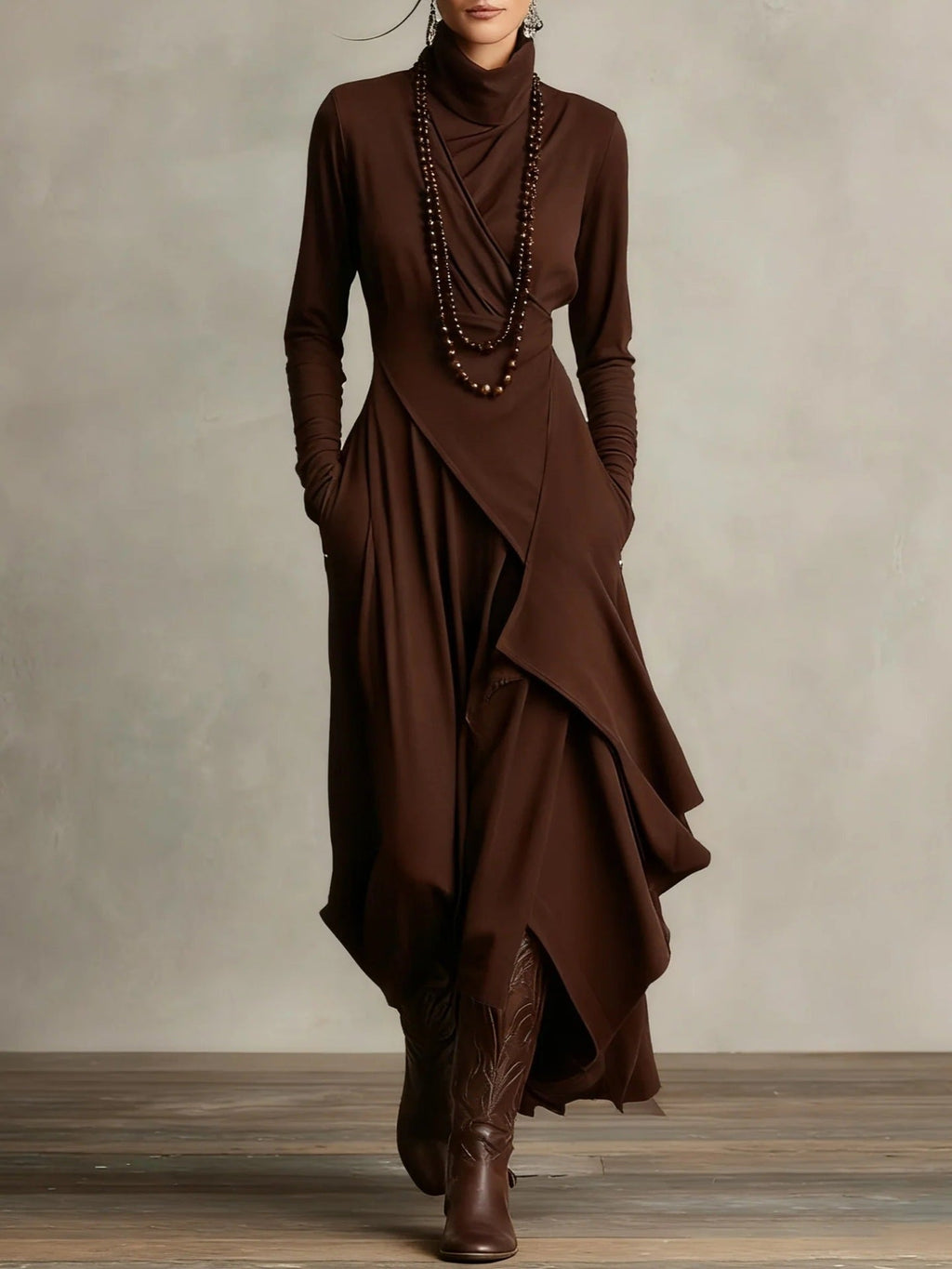 Women's cross-wrap high-neck long-sleeve maxi dress by Plush Fashion Hub, flowing casualwear with elegant design.