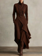 Women's cross-wrap high-neck long-sleeve maxi dress by Plush Fashion Hub, flowing casualwear with elegant design.