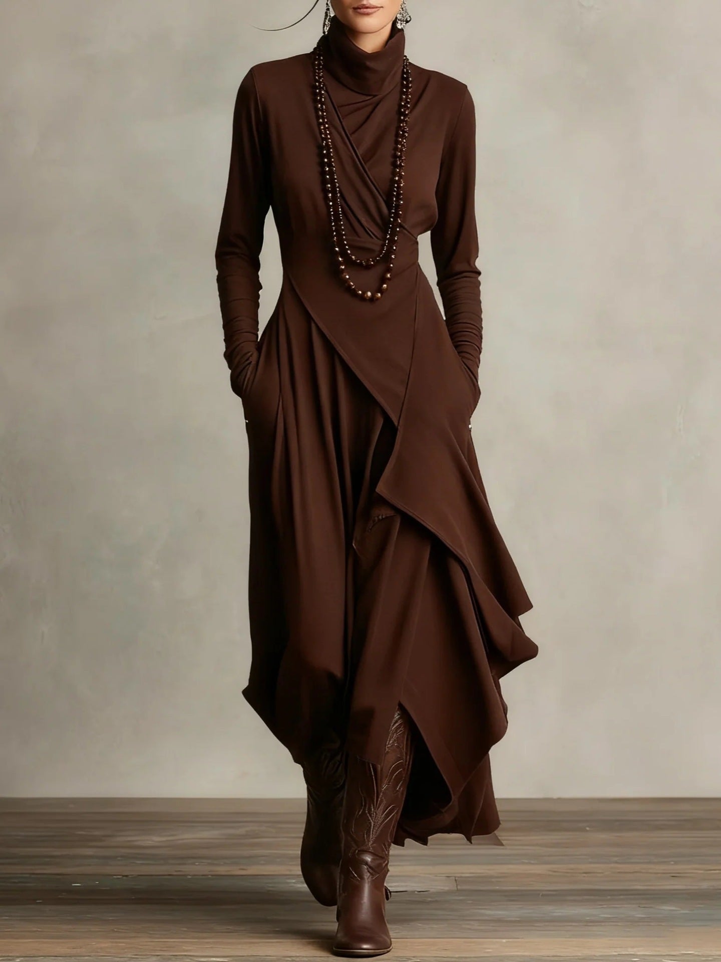 Women's cross-wrap high-neck long-sleeve maxi dress by Plush Fashion Hub, flowing casualwear with elegant design.