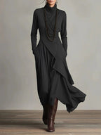 Women's cross-wrap high-neck long-sleeve maxi dress from Plush Fashion Hub, featuring a casual, elegant design and flowing fabric.