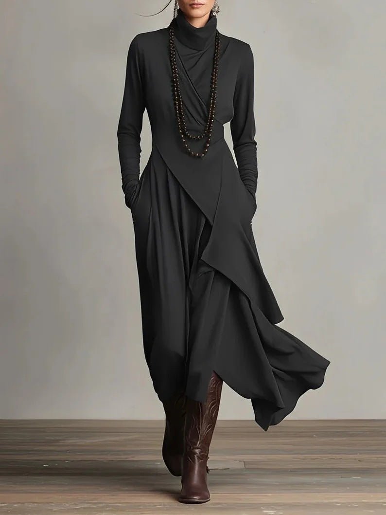 Women's cross-wrap high-neck long-sleeve maxi dress from Plush Fashion Hub, featuring a casual, elegant design and flowing fabric.