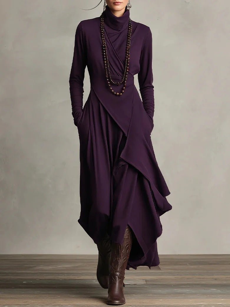 Women's casual maxi dress by Plush Fashion Hub featuring a cross-wrap design, high neck, and long sleeves.