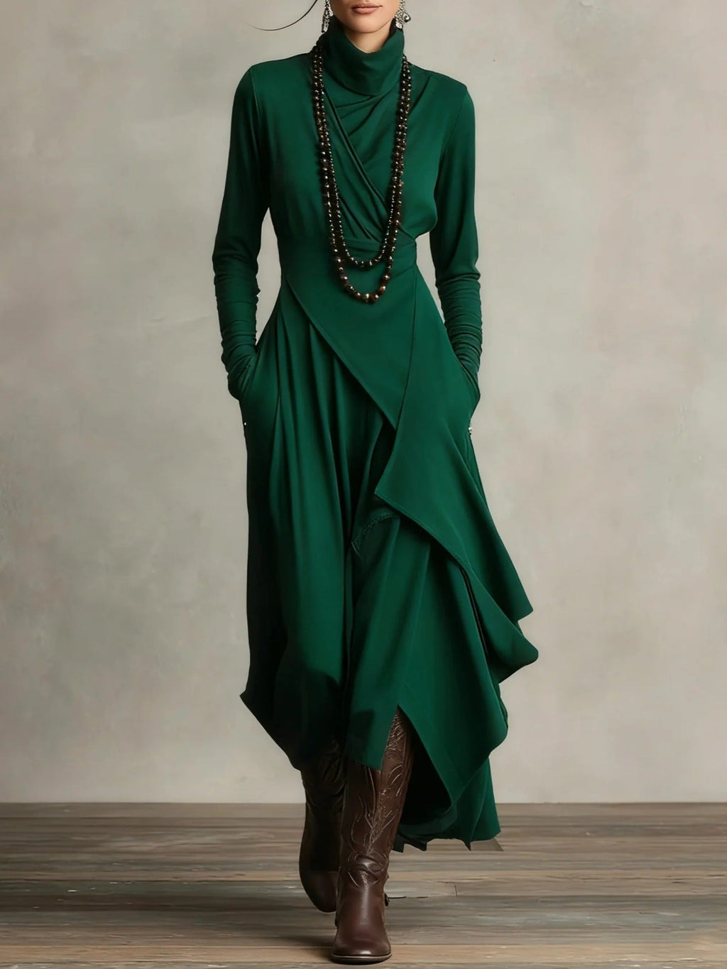 Women’s cross-wrap high-neck long-sleeve maxi dress in casualwear style, by Plush Fashion Hub, shown on a model.