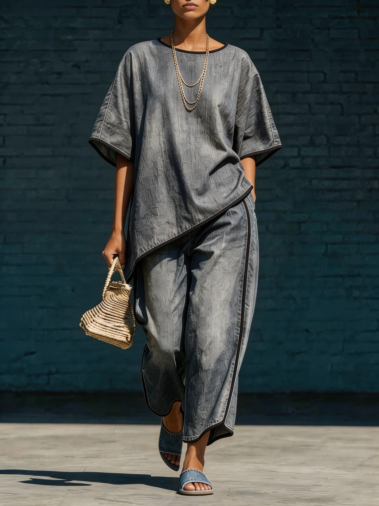 Women's denim-style knit top and wide-leg pants set, casual 2-piece outfit by Plush Fashion Hub, featuring relaxed, stylish denim-inspired design.
