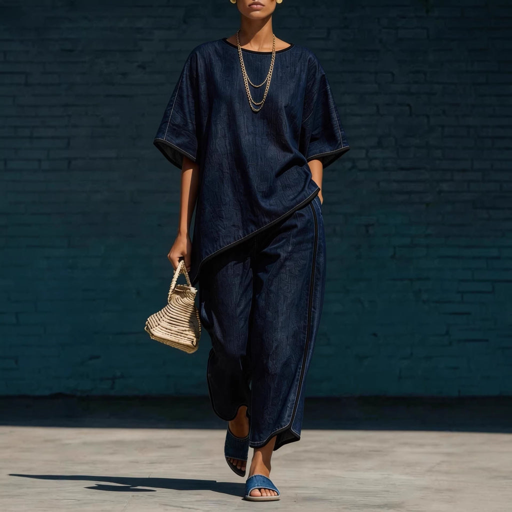 Women's denim-style knit top and wide-leg pants set, casual 2-piece outfit by Plush Fashion Hub, perfect for everyday wear.