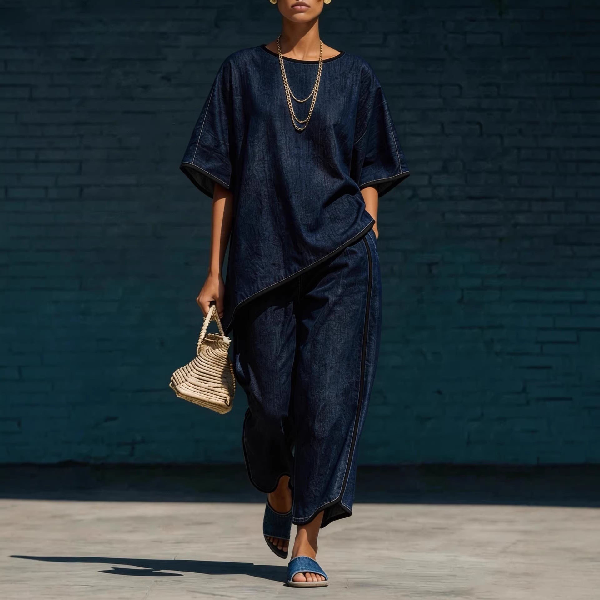 Women's denim-style knit top and wide-leg pants set, casual 2-piece outfit by Plush Fashion Hub, perfect for everyday wear.