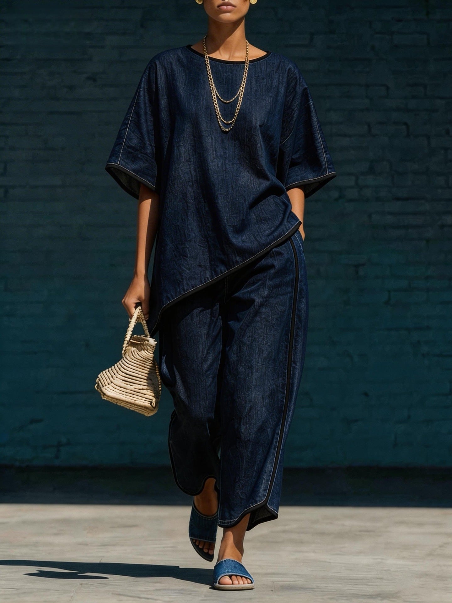 Women’s denim-style knit top and wide-leg pants set, casual 2-piece outfit by Plush Fashion Hub, styled for relaxed everyday wear.