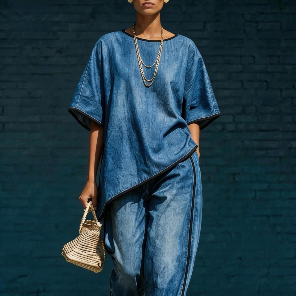 Women's denim-style knit top and wide-leg pants casual 2-piece set by Plush Fashion Hub, shown on a model.