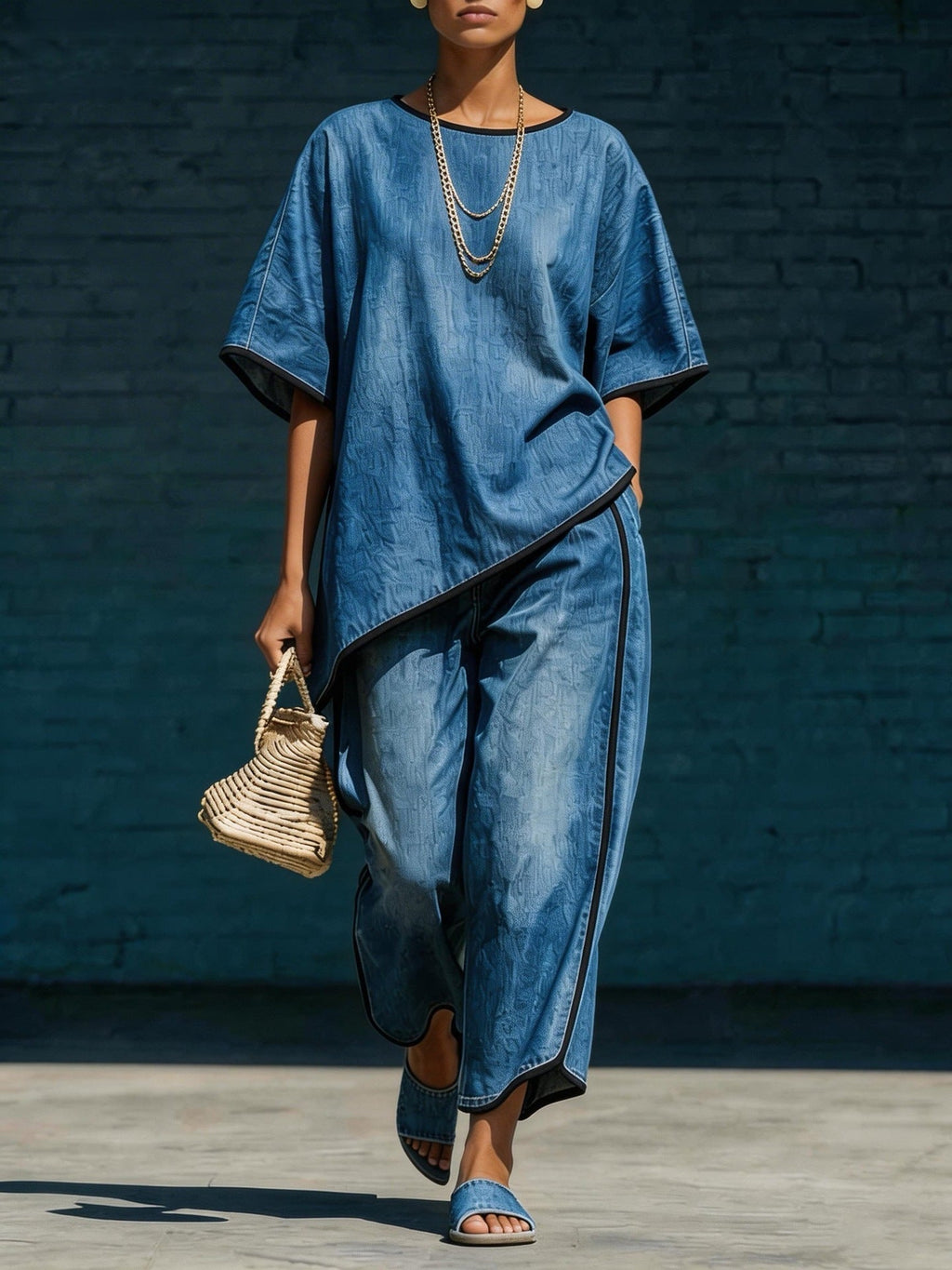 Women's denim-style knit top and wide-leg pants set by Plush Fashion Hub, casual 2-piece outfit with relaxed fit and comfortable style.