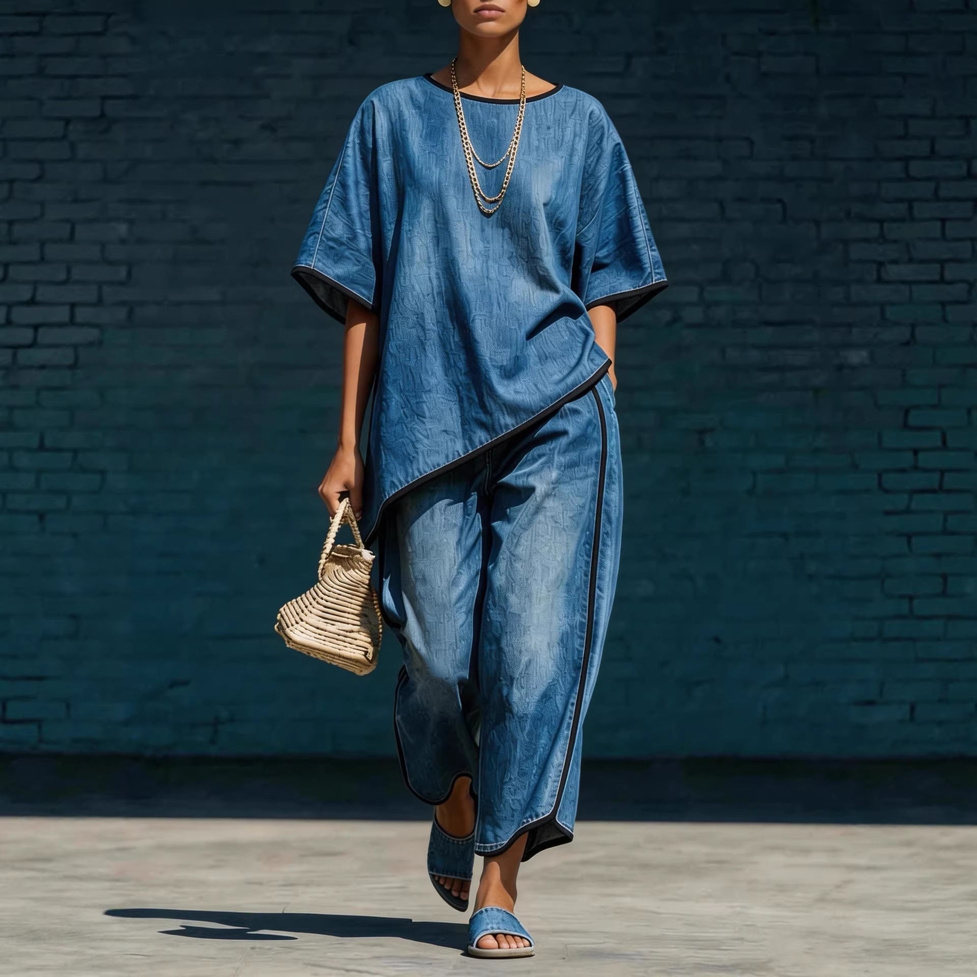 Women's denim-style knit top and wide-leg pants set from Plush Fashion Hub, casual 2-piece outfit with relaxed fit.
