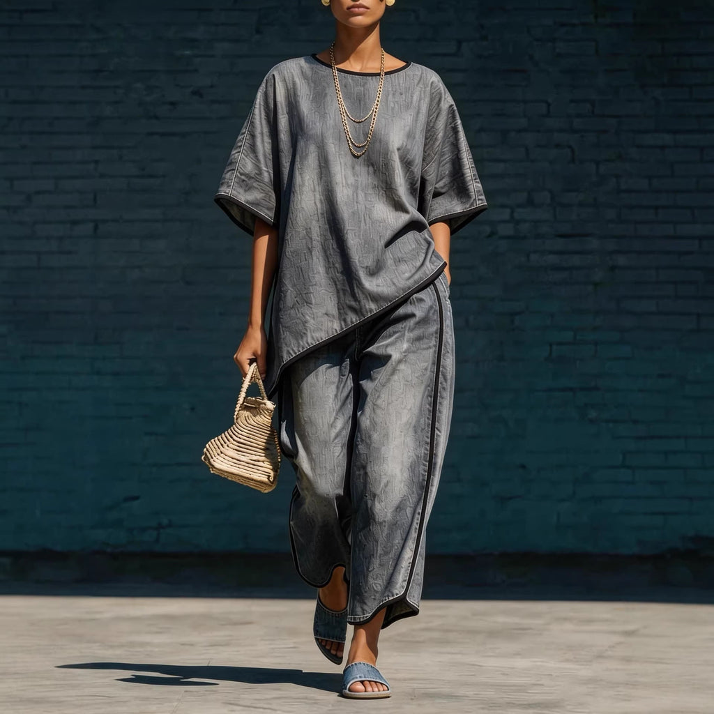 Women's denim-style knit top and wide-leg pants set by Plush Fashion Hub, casual 2-piece outfit, relaxed and stylish.