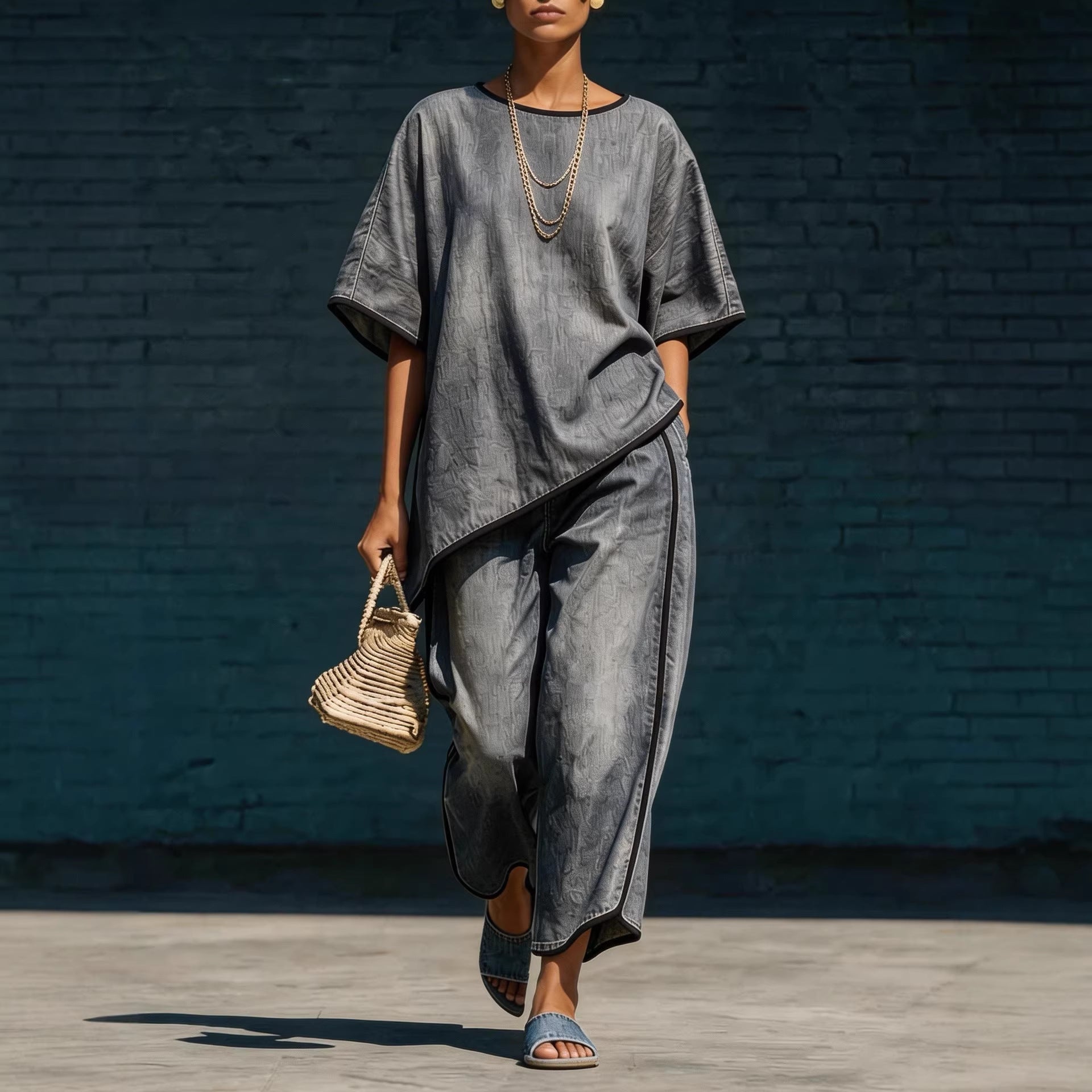 Women's denim-style knit top and wide-leg pants set by Plush Fashion Hub, casual 2-piece outfit, relaxed and stylish.