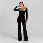 Women’s diamond-encrusted square-collar flared jumpsuit from Plush Fashion Hub, showcasing elegant casualwear with sparkling details.