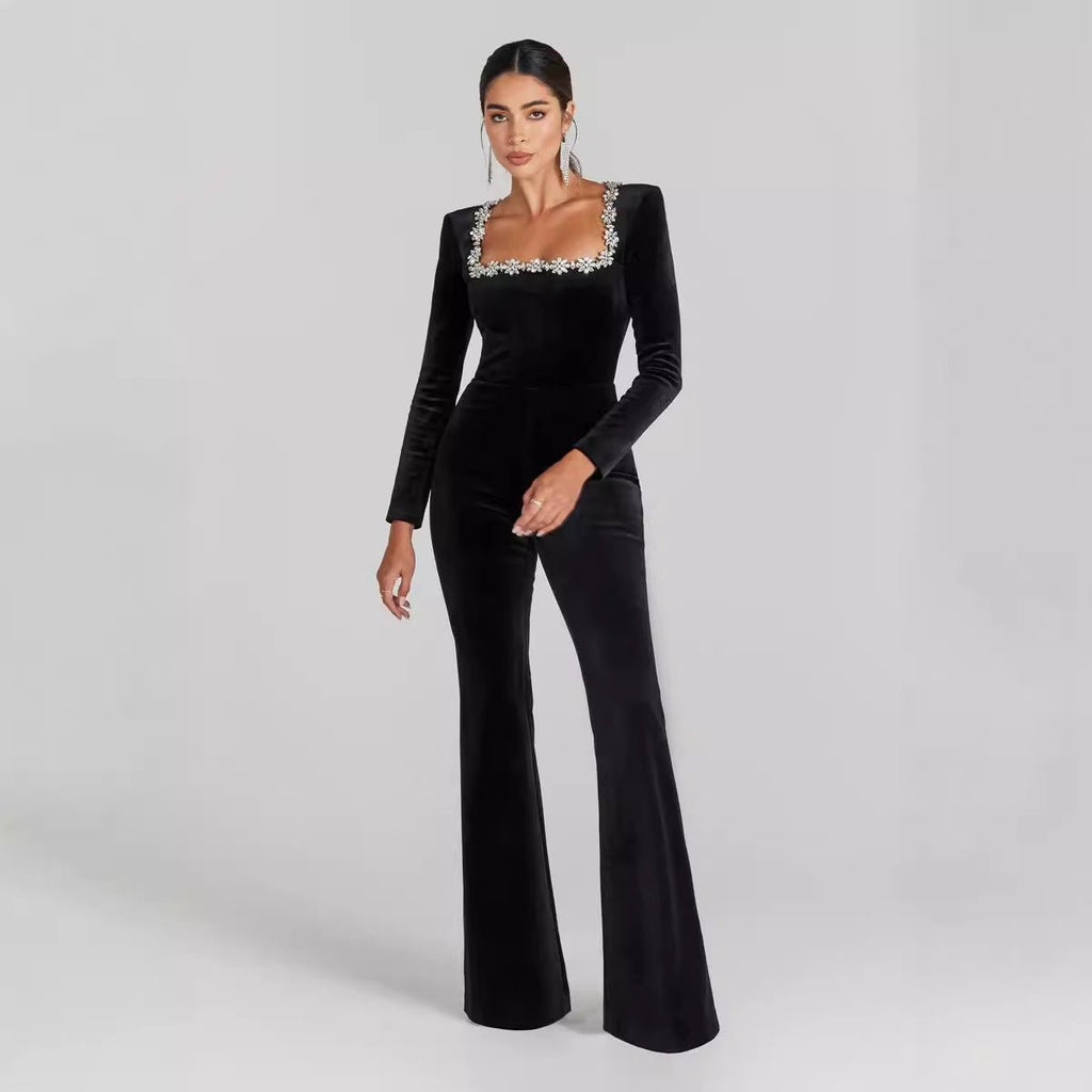 Women’s diamond-encrusted square-collar flared jumpsuit from Plush Fashion Hub, featuring a stylish casualwear design with sparkling details.