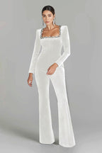 Women’s diamond-encrusted square-collar flared jumpsuit from Plush Fashion Hub, casualwear with elegant diamond details and a stylish fit.